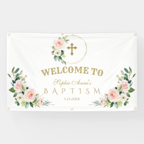 Cream Pink Flowers Gold Baptism Welcome Sign