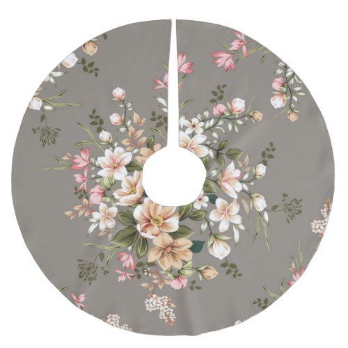 Cream pink flowers on grey brushed polyester tree skirt