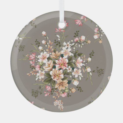 Cream pink flowers on grey glass ornament