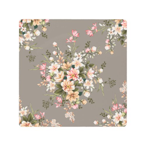 Cream pink flowers on grey metal print