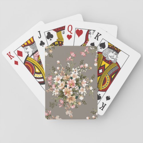 Cream pink flowers on grey playing cards