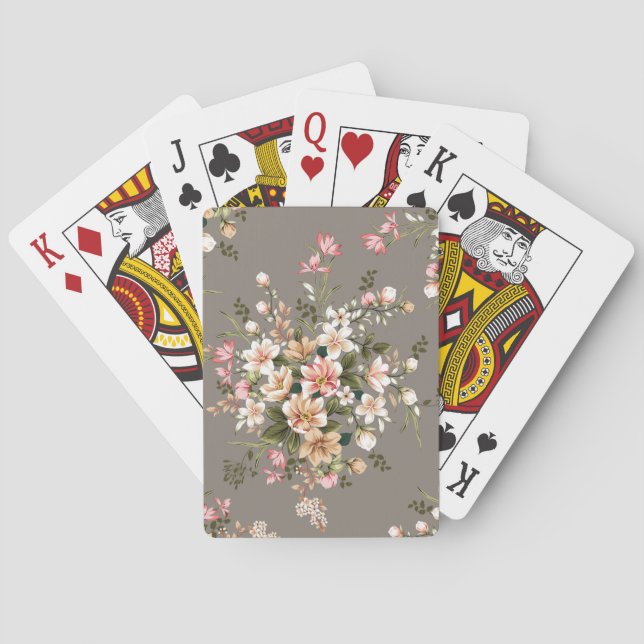 Cream, pink flowers on grey. poker cards (Back)