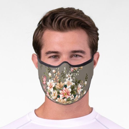 Cream pink flowers on grey premium face mask