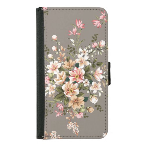 Cream pink flowers on grey samsung galaxy s5 wallet case