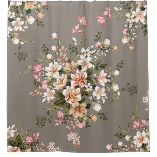 Cream pink flowers on grey shower curtain