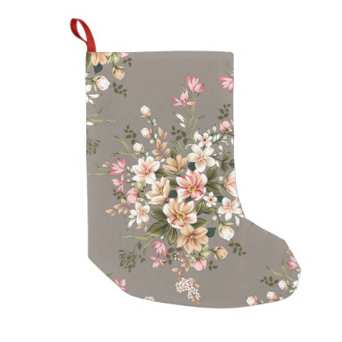 Cream pink flowers on grey small christmas stocking
