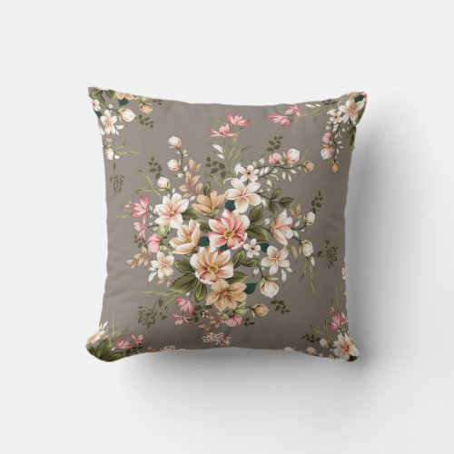 Cream pink flowers on grey throw pillow