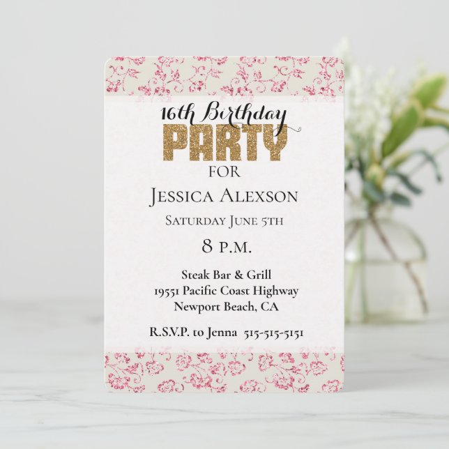 Cream Pink Glitter Floral Gold Glitter Party Invitation (Standing Front)
