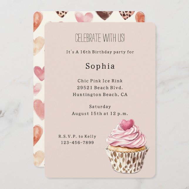 Cream Pink Heart Cupcake Leopard Birthday Invitation (Front/Back)