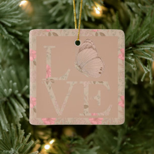Cream Pink Love Butterfly Floral Ceramic Ornament