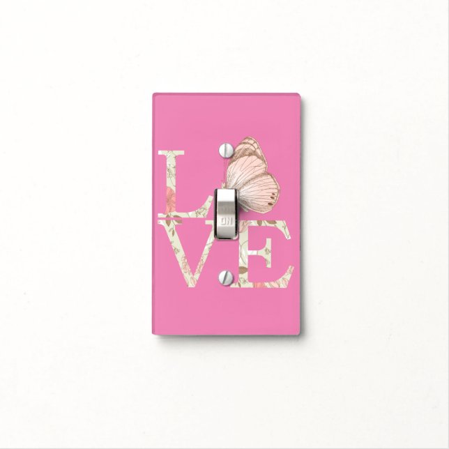 Cream Pink Love Butterfly Floral Light Switch Cover (In Situ)