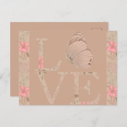 Cream Pink Love Butterfly Floral Postcard