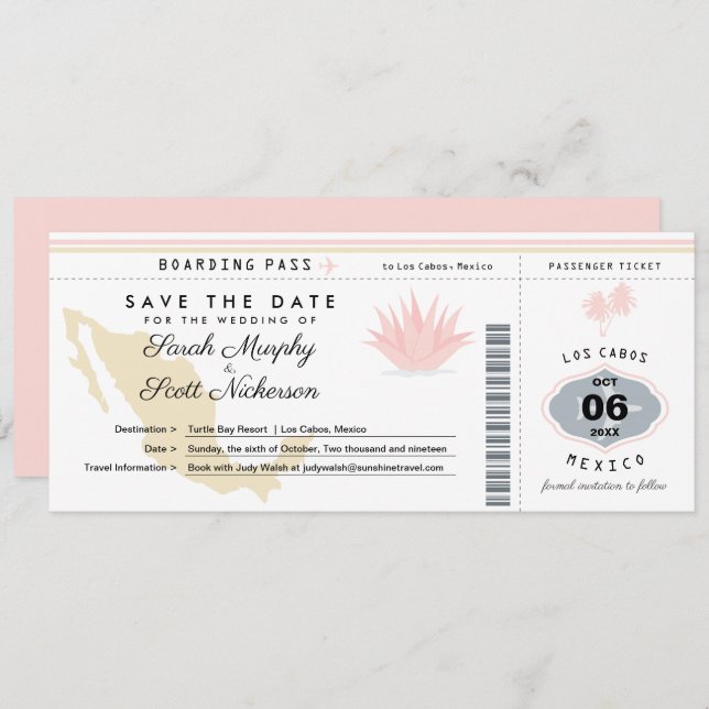 Cream Pink Mexico Save the Date Boarding Pass (Front/Back)