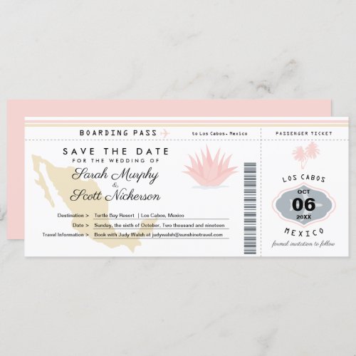 Cream Pink Mexico Save the Date Boarding Pass