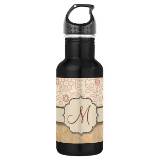 Cream Pink Retro Polkadot Flowers with Monogram Water Bottle