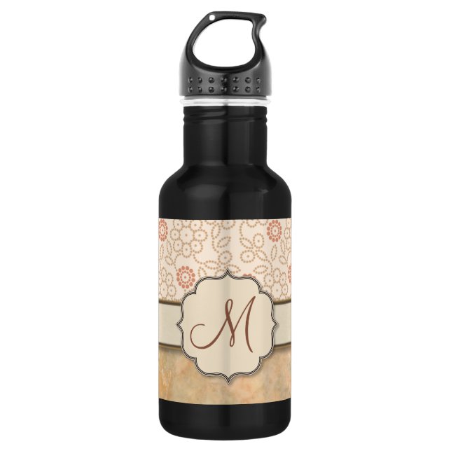 Cream Pink Retro Polkadot Flowers with Monogram Water Bottle (Front)
