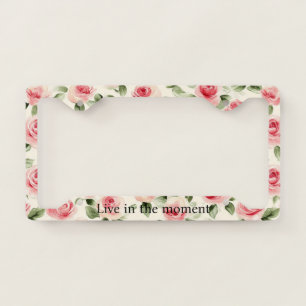 Cream Pink Roses Floral License Plate Frame