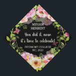 Cream pink watercolor roses graduation cap topper<br><div class="desc">Cream pink watercolor roses on a black background Graduation Cap Topper. The background color can be changed. You can adjust text according to your requirements -change font,  color and size.</div>