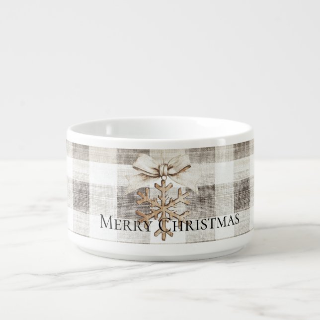 Cream Plaid Stripes Christmas Snowflake Bowl (Center)