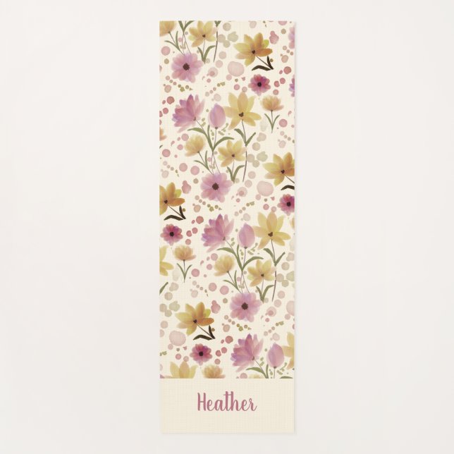 Cream Plum Wildflower Watercolor Monogram Name Yoga Mat (Front)