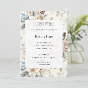 Cream Poinsettia Blue Floral Birthday Invitation