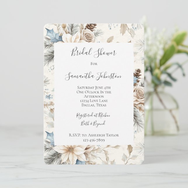 Cream Poinsettia Blue Floral Bridal Shower Invitation (Standing Front)