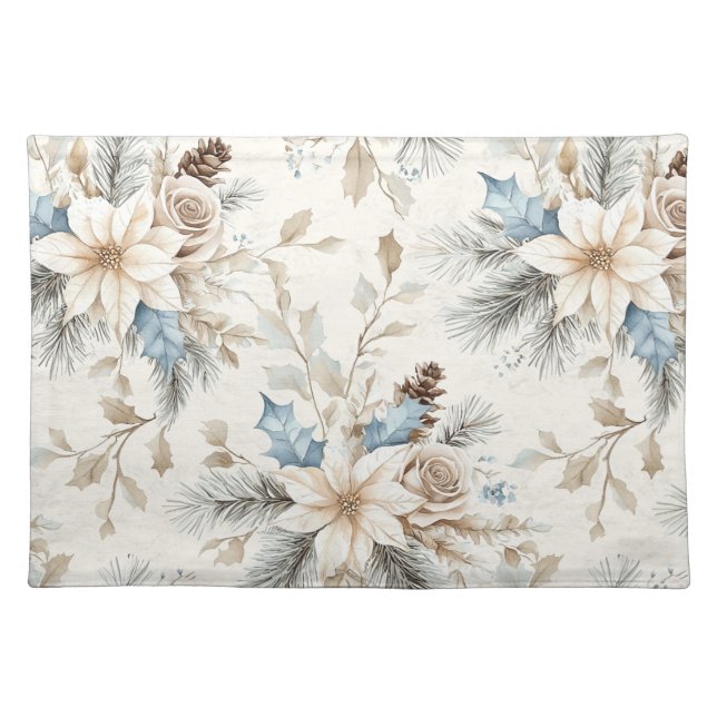 Cream Poinsettia Blue Floral Christmas Cloth Placemat (Front)