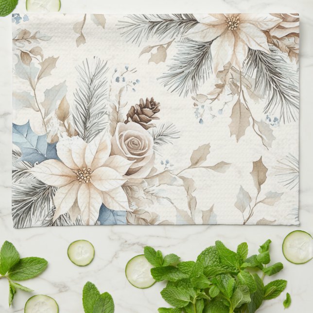 Cream Poinsettia Blue Floral Christmas Kitchen Towel (Folded)