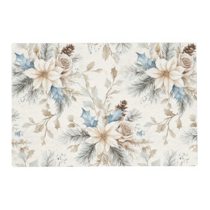 Cream Poinsettia Blue Floral Christmas Placemat