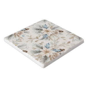 Cream Poinsettia Blue Floral Christmas Trivet