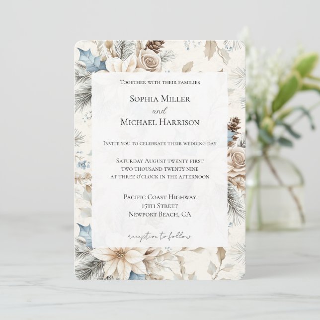 Cream Poinsettia Blue Floral Wedding Invitation (Standing Front)