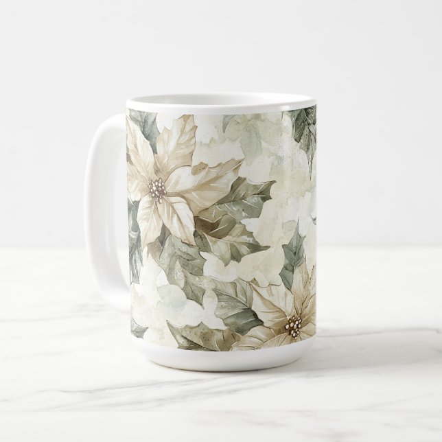 Cream Poinsettia Flowers Coffee Mug (Front Left)