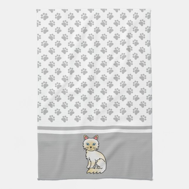 Cream Point Birman / Ragdoll Cute Cat & Paws Kitchen Towel (Vertical)