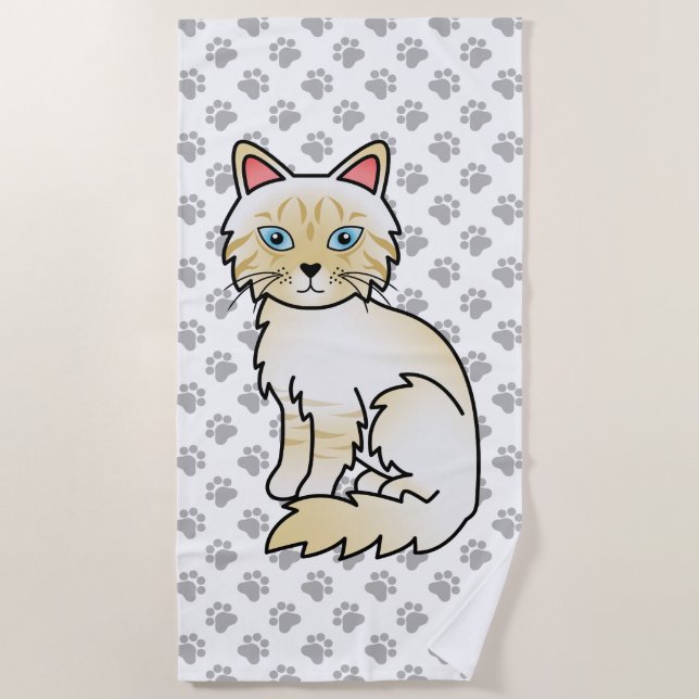 Cream Point Tabby Birman / Ragdoll Cute Cat & Paws Beach Towel (Front)