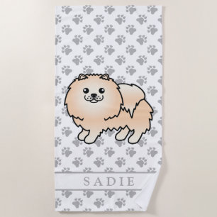 Cream Pomeranian Cute Cartoon Dog & Name Beach Towel