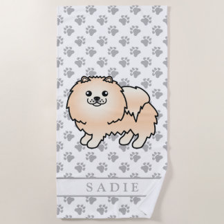 Cream Pomeranian Cute Cartoon Dog &amp; Name Beach Towel