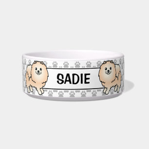 Cream Pomeranian Cute Cartoon Dog & Name Bowl