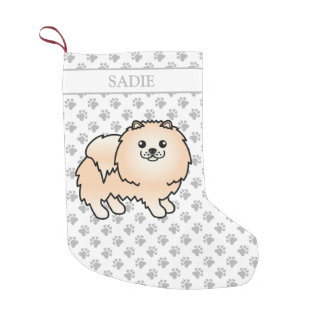 Cream Pomeranian Cute Cartoon Dog &amp; Name Small Christmas Stocking