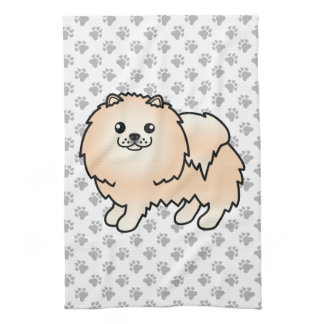 Cream Pomeranian Cute Cartoon Dog &amp; Paws Kitchen Towel