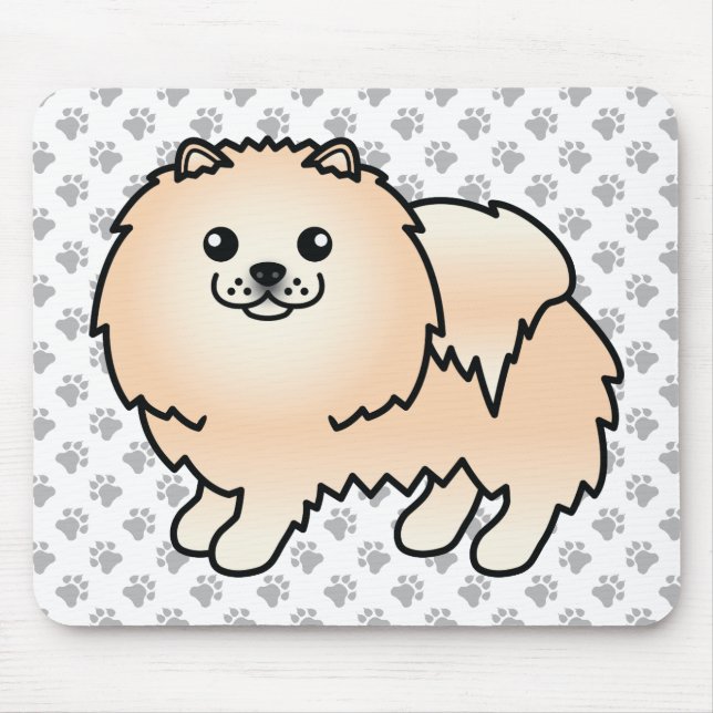 Cream Pomeranian Cute Cartoon Dog & Paws Mouse Pad (Front)