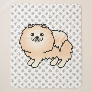 Cream Pomeranian Cute Cartoon Dog & Paws Sherpa Blanket