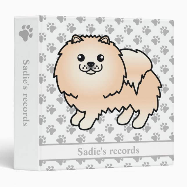 Cream Pomeranian Cute Cartoon Dog & Text 3 Ring Binder (Front/Spine)