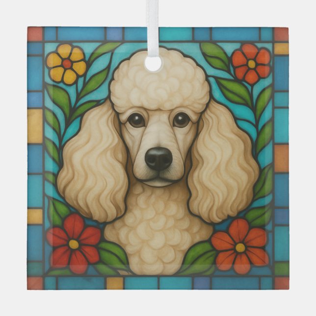 Cream Poodle Dog "Stained Glass"  Glass Ornament (Front)