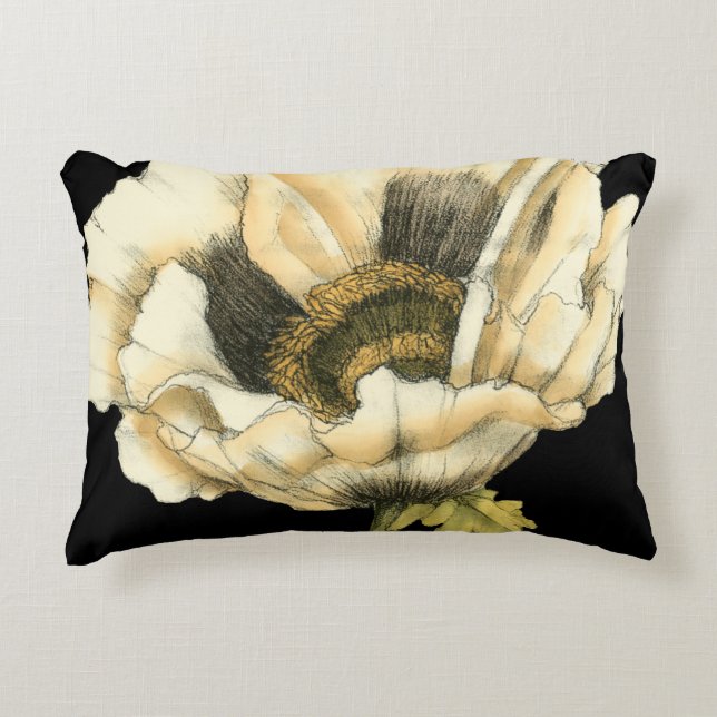 Cream Poppy Flower on Black Background Decorative Pillow (Front)