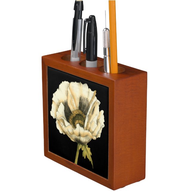 Cream Poppy Flower on Black Background Desk Organizer (In Situ)