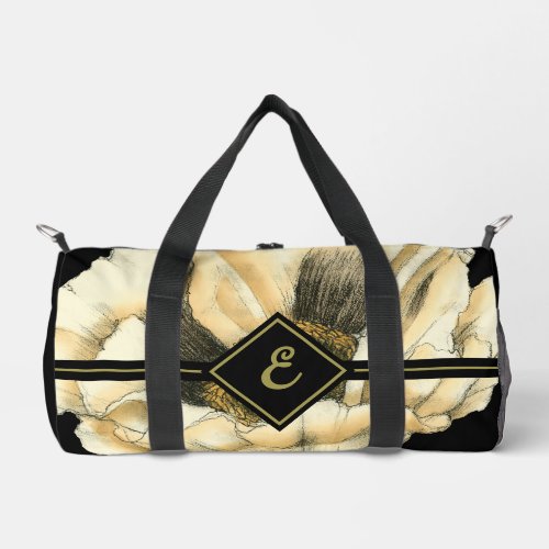 Cream Poppy Flower on Black Background Duffle Bag