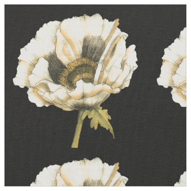 Cream Poppy Flower on Black Background Fabric (Close Up)