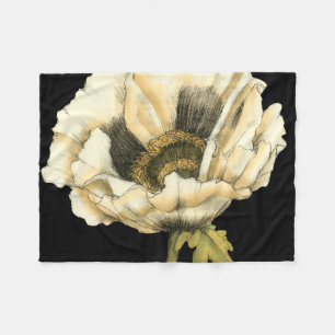 Cream Poppy Flower on Black Background Fleece Blanket