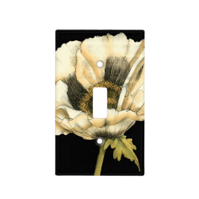 Cream Poppy Flower on Black Background Light Switch Cover (Front)