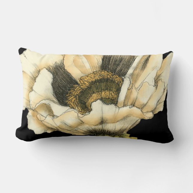 Cream Poppy Flower on Black Background Lumbar Pillow (Front)